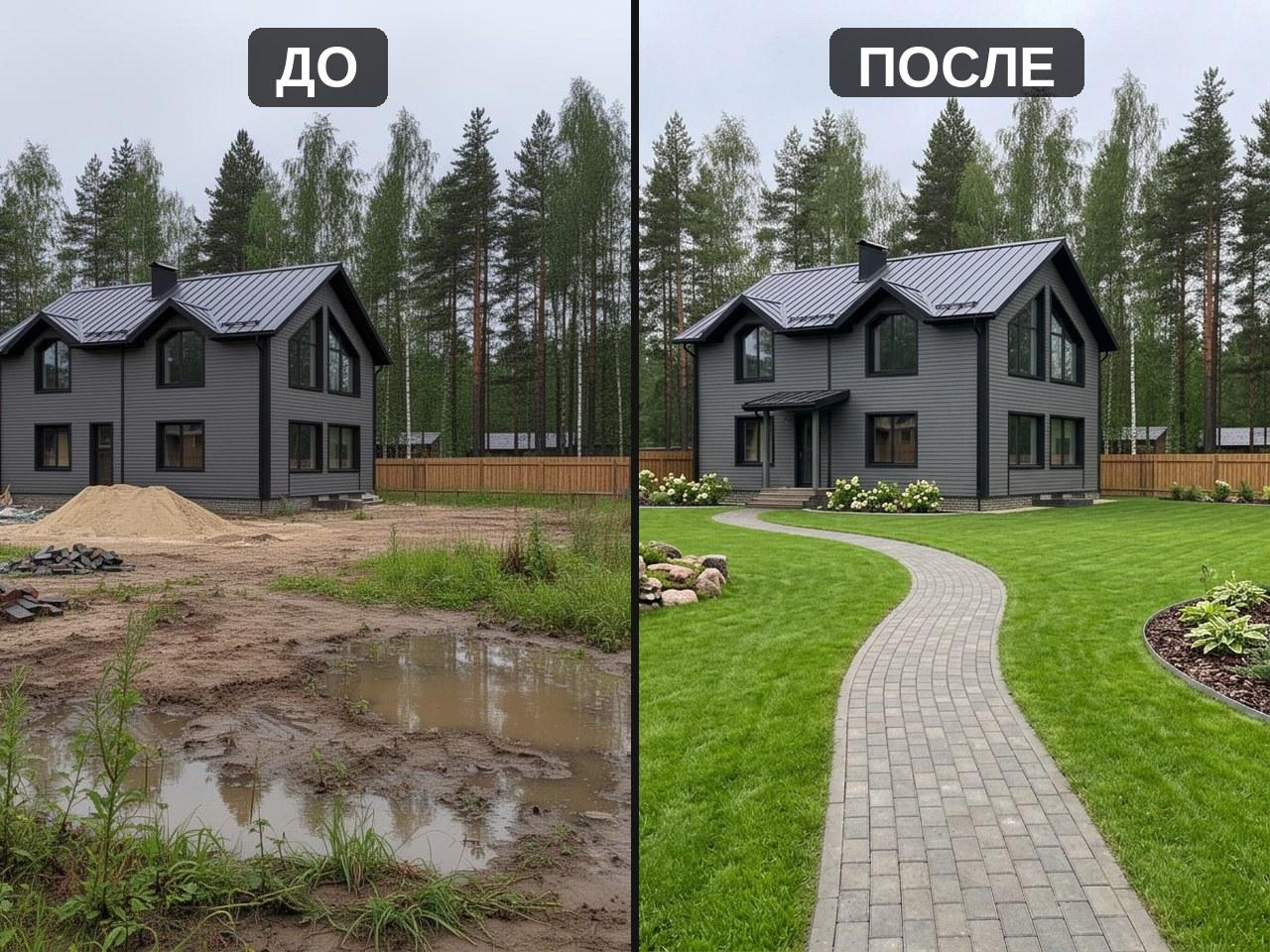 Всеволожск, КП «Сосновый»: участок до подготовки и после — выторфовка, дренаж, мощение клинкером, рулонный газон